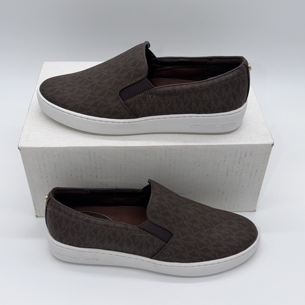 Michael Kors Keaton Slip On Women's 9M Brown MK Logo Sneakers NEW